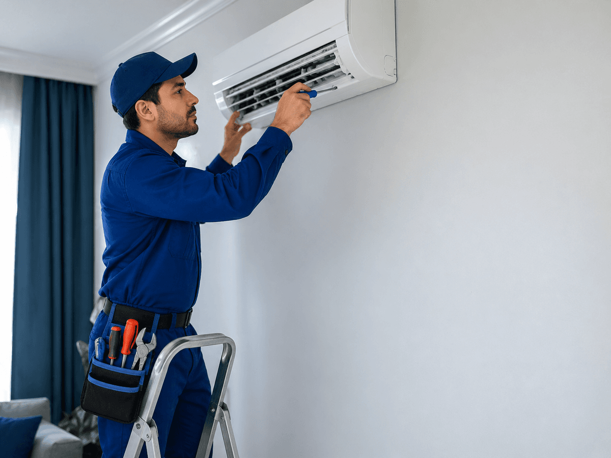 Técnico realizando manutenção de ar-condicionado