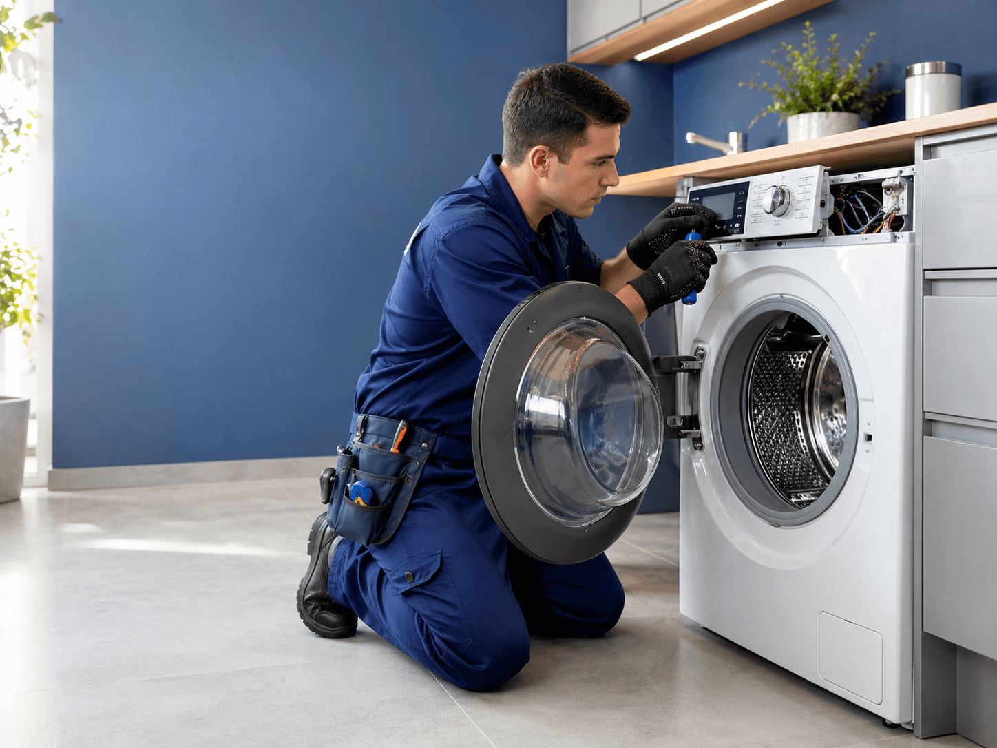 Técnico consertando máquina de lavar