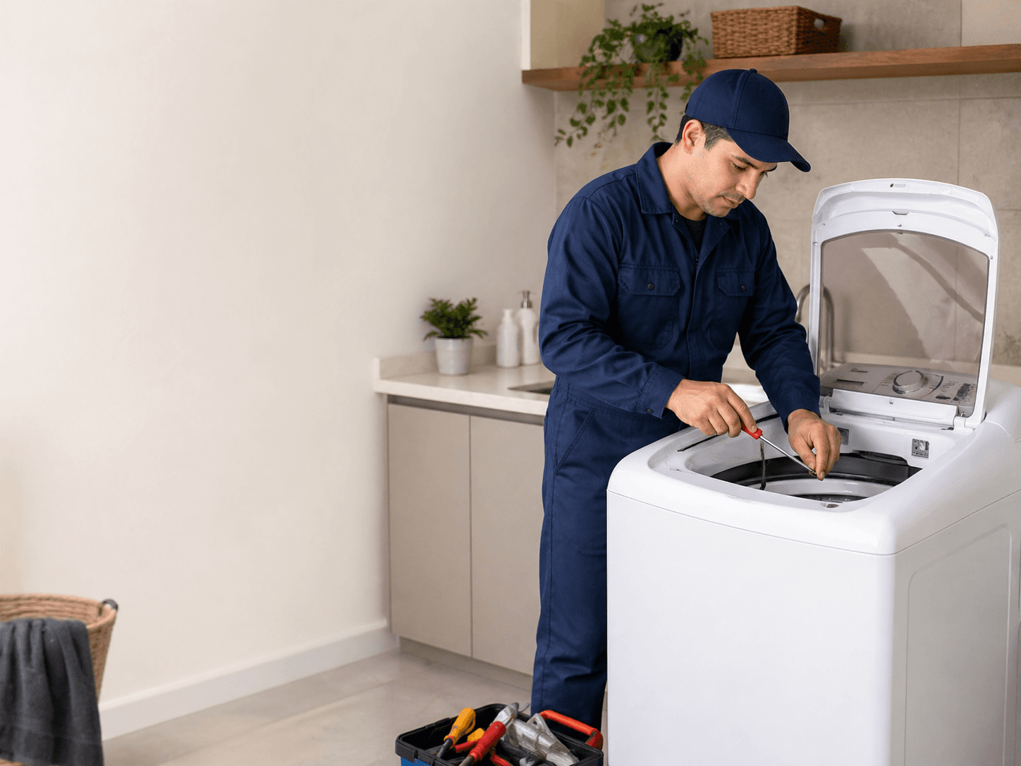 Técnico realizando reparo em lavadora