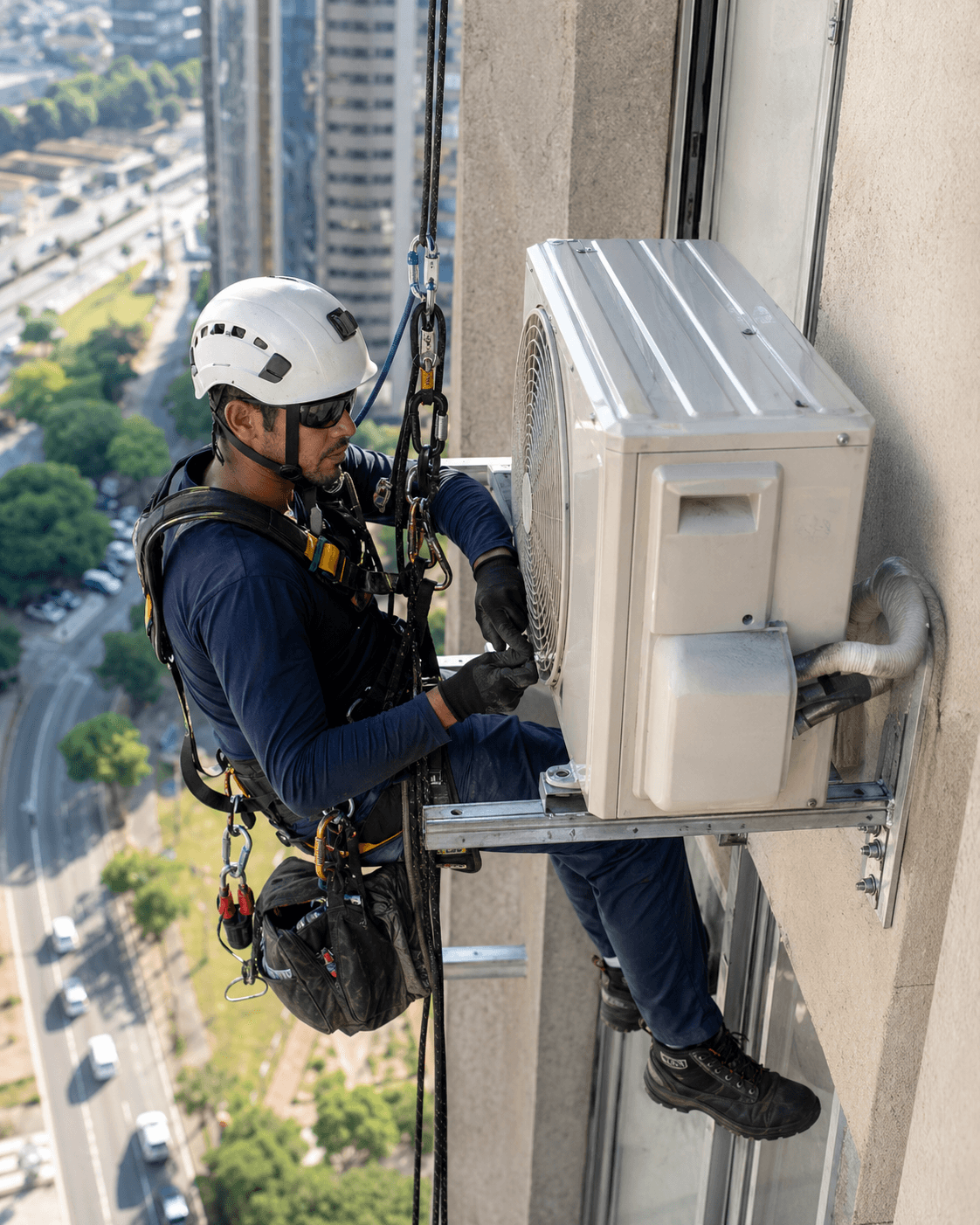 Instalação de ar-condicionado em grandes alturas por rapel